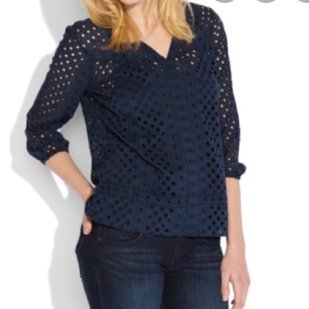 Lucky Brand Navy Eyelet Top L